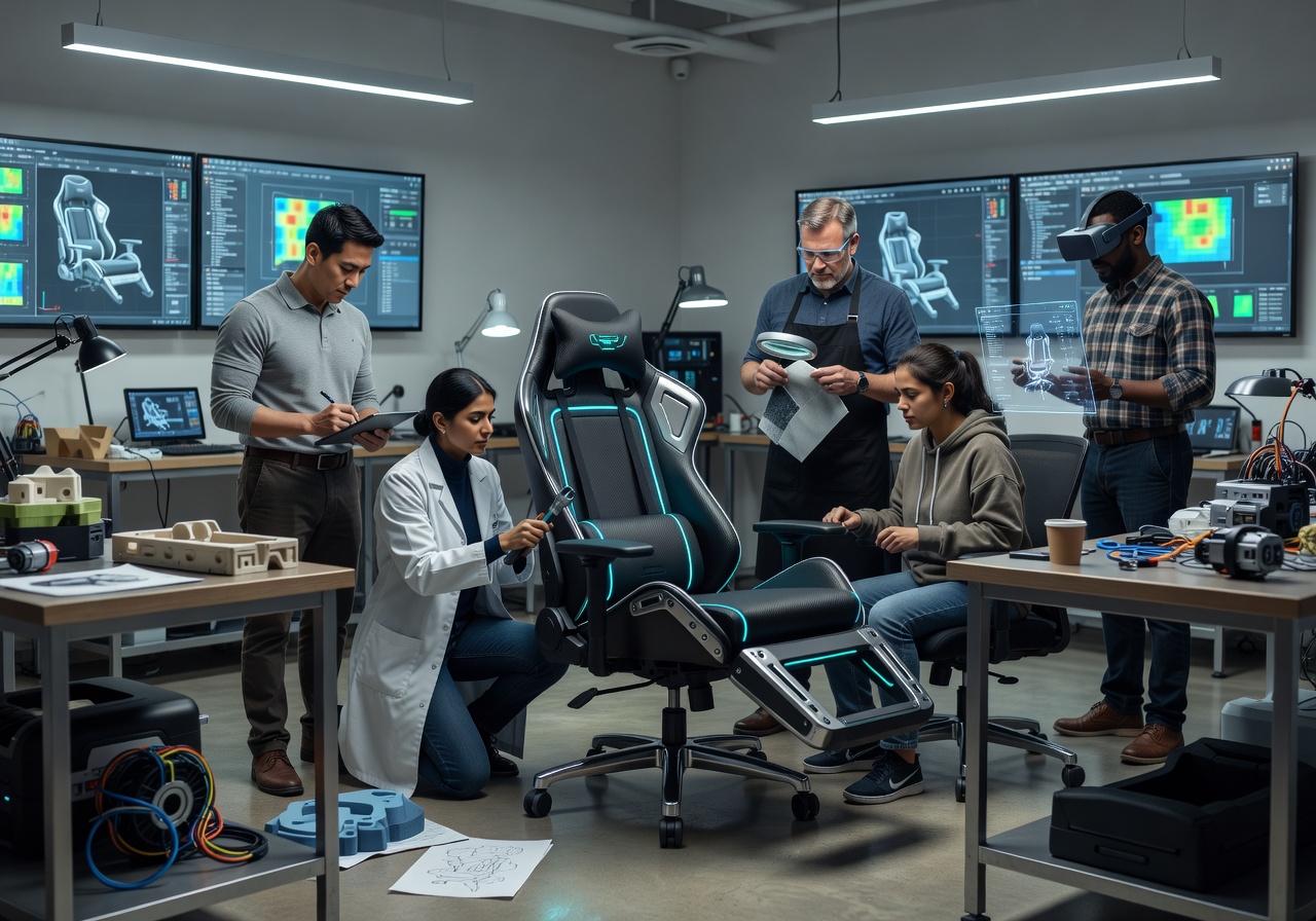 Vexobraplorvi design lab team working on next generation gaming chair prototype